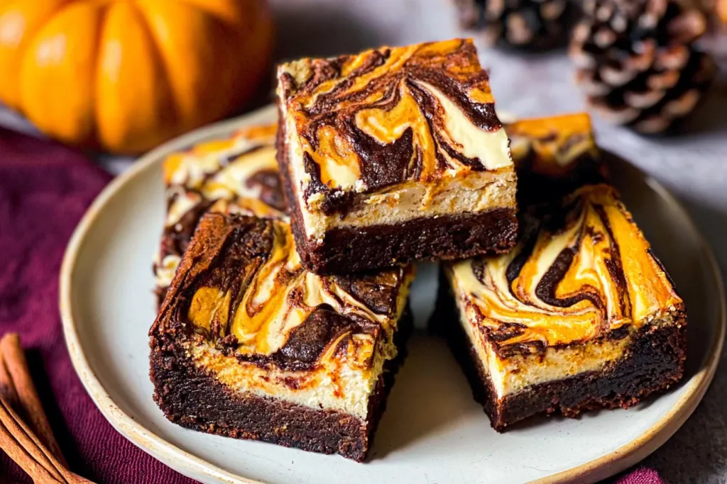 Fudgy Swirled Pumpkin Cheesecake Brownies on a Plate