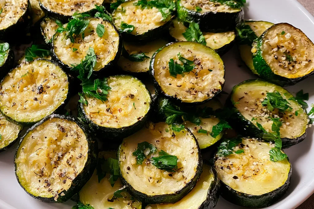 Garlic Parmesan Roasted Zucchini on a Serving Plate