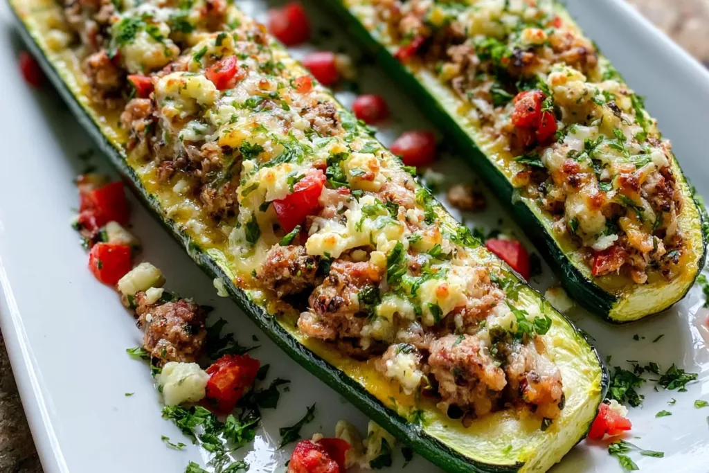 Greek Chicken Stuffed Zucchini Boats Ready to Serve
