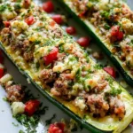 Greek Chicken Stuffed Zucchini Boats Ready to Serve