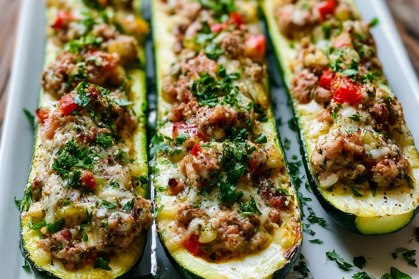 Greek Chicken Stuffed Zucchini Boats 