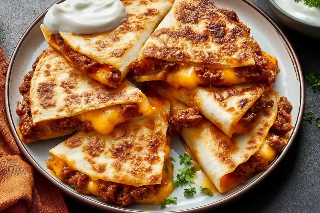 Ground Beef Quesadillas with a Crispy Golden-Brown Crust Ready to Serve