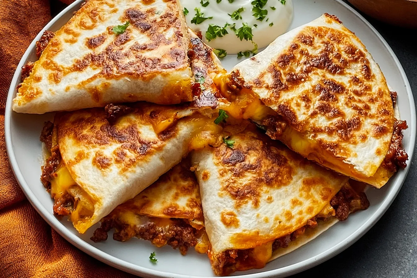 Ground Beef Quesadillas with a Crispy Golden-Brown Crust 