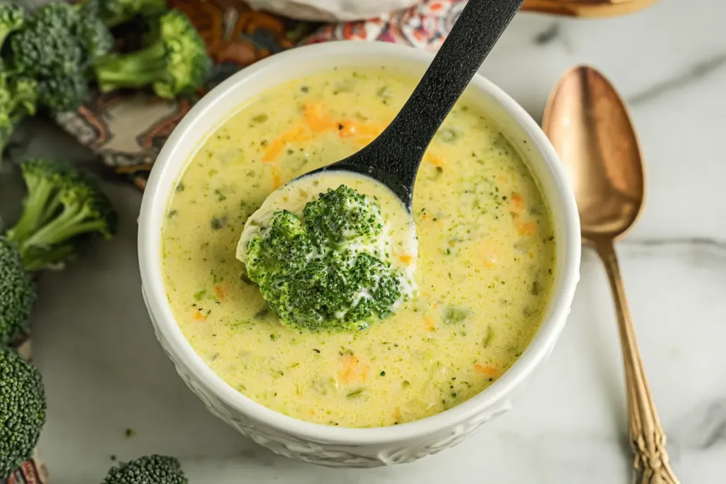 High Protein Broccoli Cheddar Soup in a Bowl