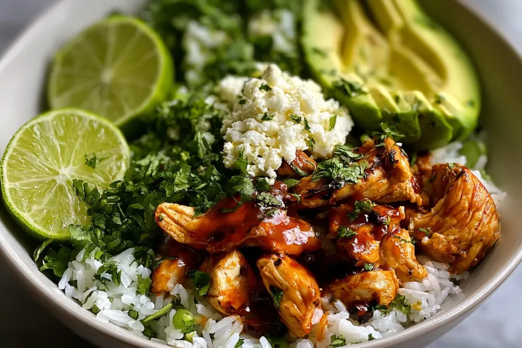 Honey Lime Chicken & Avocado Rice Bowl on Table