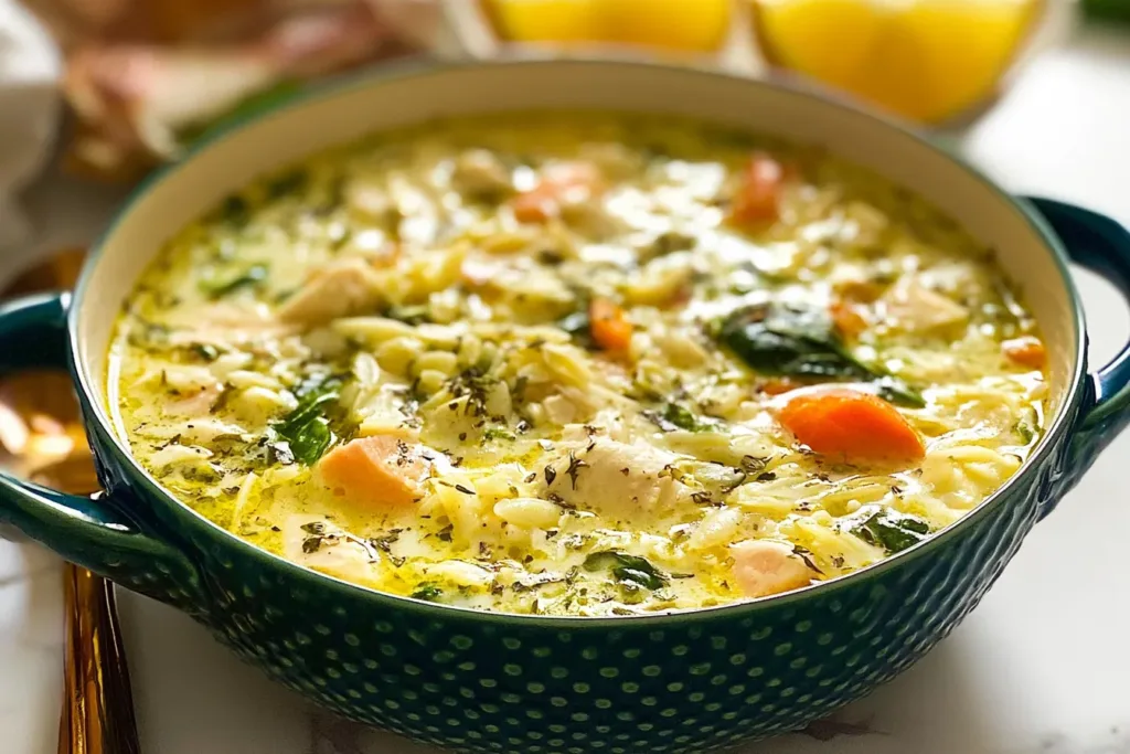 Lemon Chicken Orzo Soup Bowl with Fresh Herbs