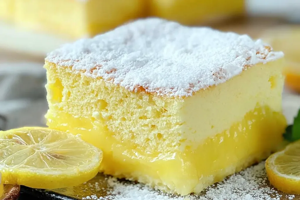 Lemon Custard Cake Slice With Fresh Lemons