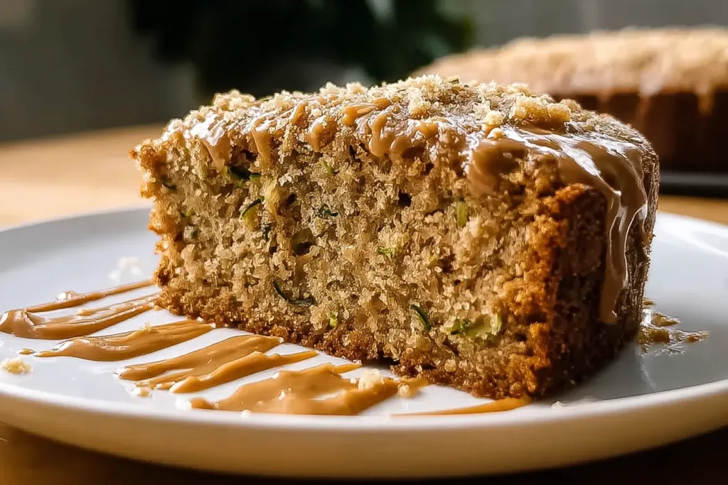Sliced Moist Peanut Butter Zucchini Cake on a Plate