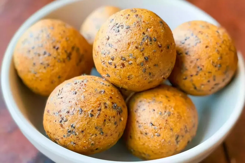 No-Bake Healthy Pumpkin Pie Energy Balls on a Wooden Plate