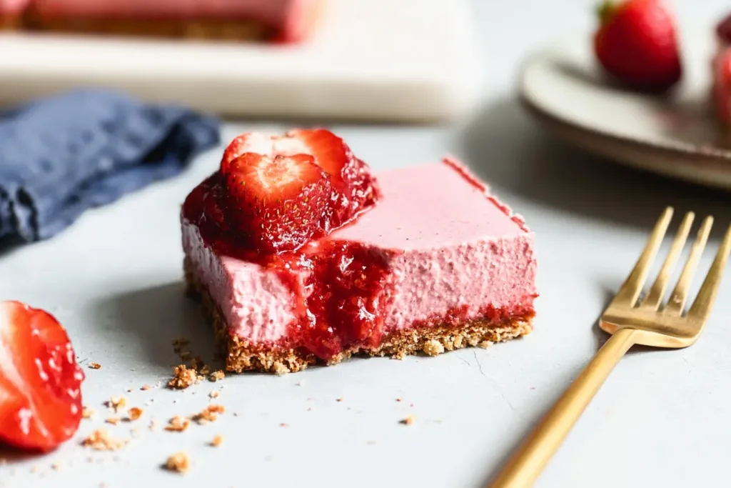 Beautiful No Bake Strawberry Cheesecake Bars on a Plate