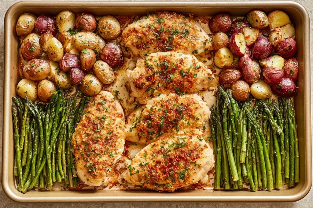 Parmesan Crusted Chicken Sheet Pan Dinner Ready to Serve