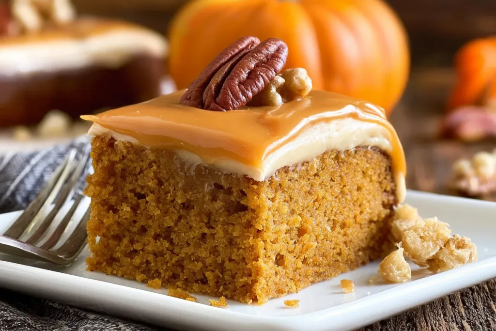 Pumpkin Cake with Caramel Cream Cheese Frosting Slice