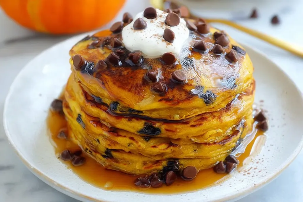 Pumpkin Spice Pancakes with Chocolate Chips Served Warm