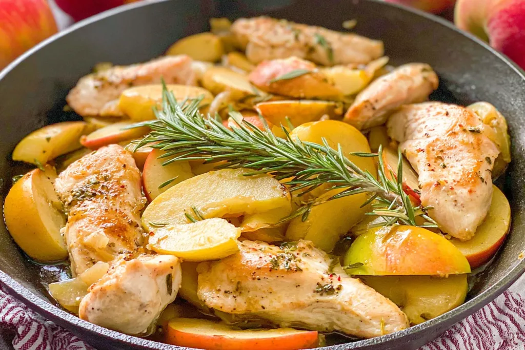 Sautéed Chicken and Apples with Rosemary on a Plate
