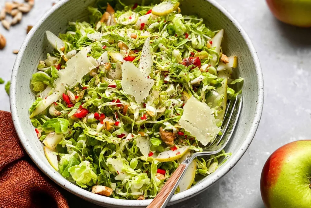 Shaved Brussels and Pear Salad with Manchego: A Fresh Delight 3 Shaved Brussels and Pear Salad with Manchego on a Plate