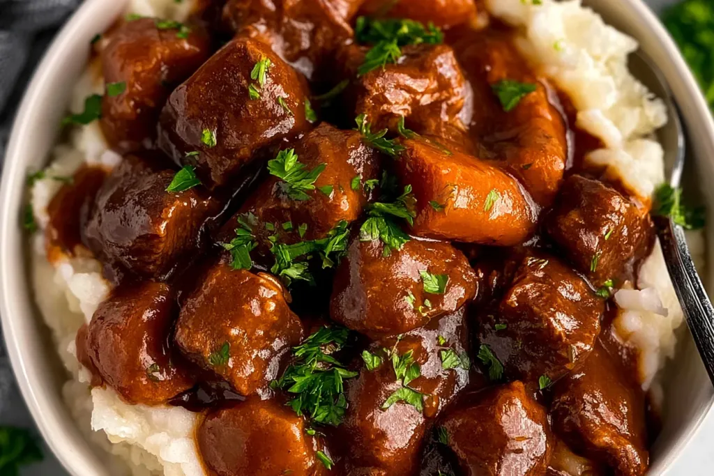 Slow Cooker Beef Tips and Gravy in a Bowl