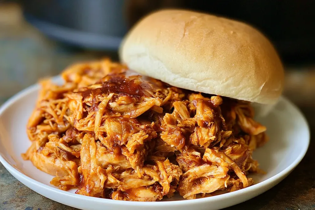 The Best Crockpot BBQ Chicken (Easy Pulled Chicken) on a Plate