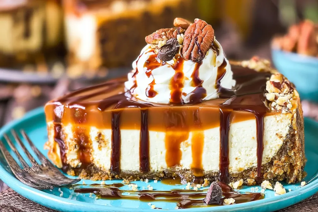 Turtle Cheesecake Slice with Drizzled Caramel