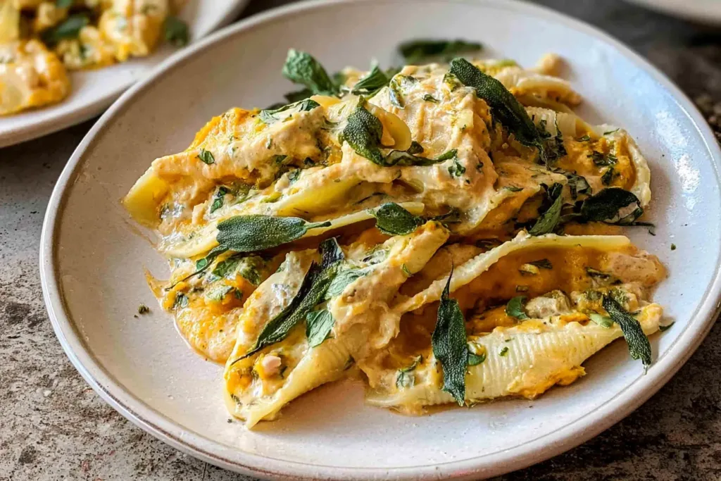 Vegan Pumpkin Ricotta Stuffed Shells Ready to Serve