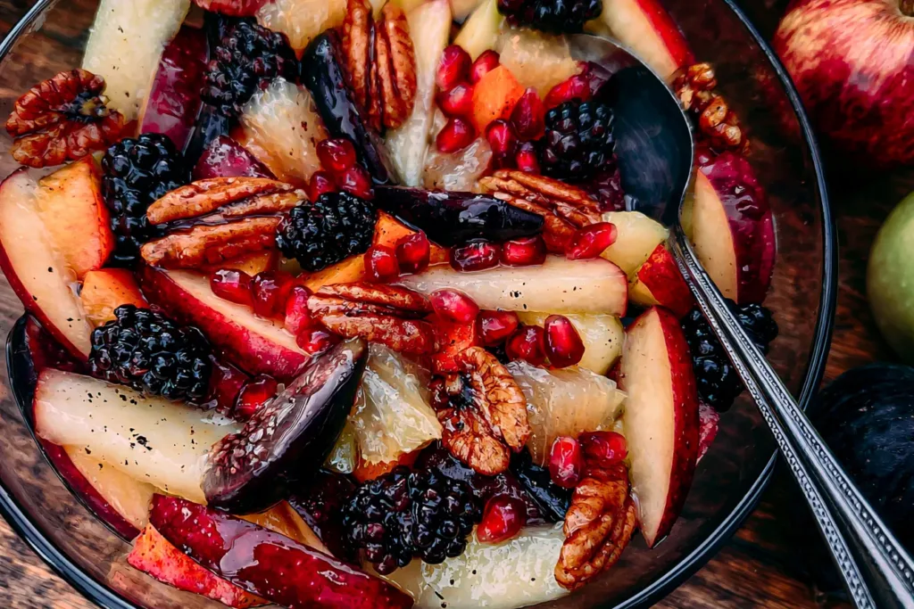 Autumn Fruit Salad in a Wooden Bowl