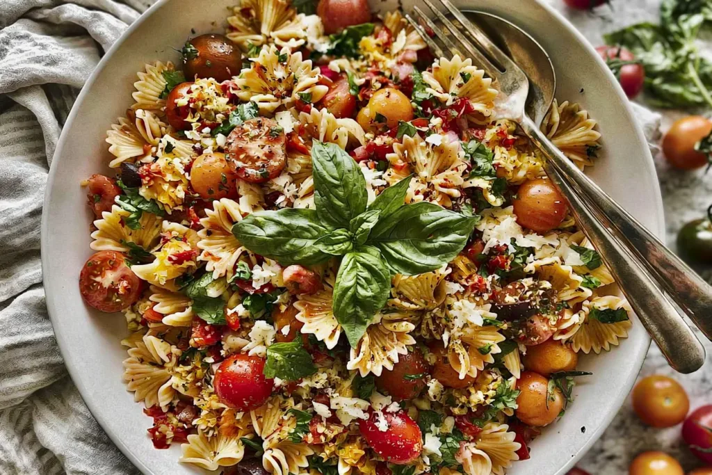 Bruschetta Pasta Salad with Fresh Basil and Tomatoes