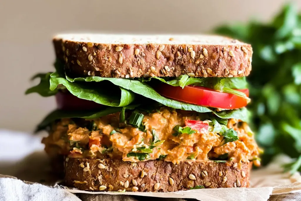 Buffalo Chickpea Salad Sandwich Served on Rustic Bread