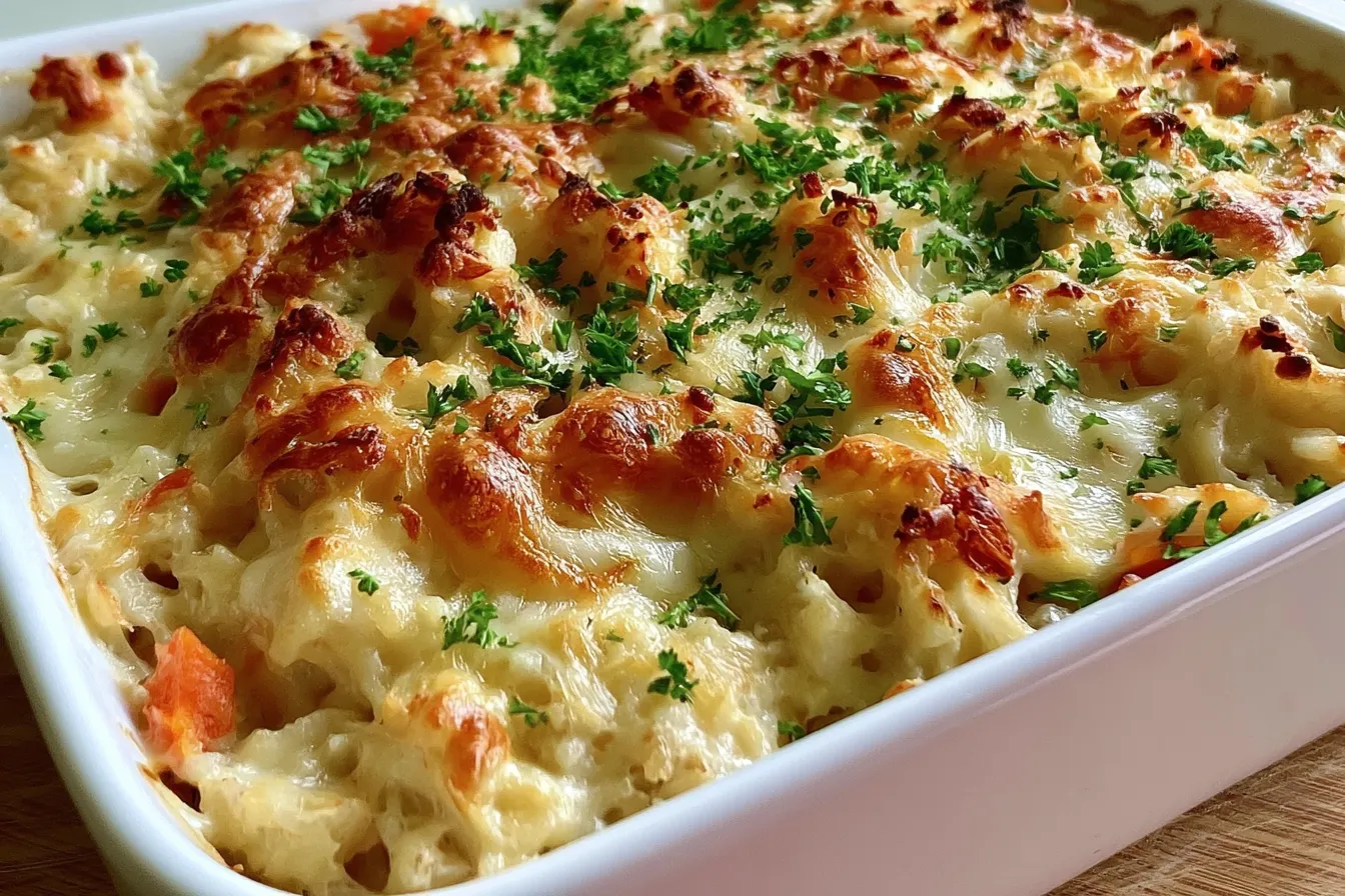 Chicken and Rice Casserole with Toasted Cheddar and Bubbly Mozzarella 