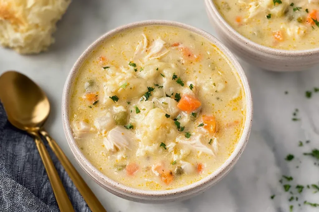 Delicious Chicken Pot Pie Soup in a Rustic Bowl
