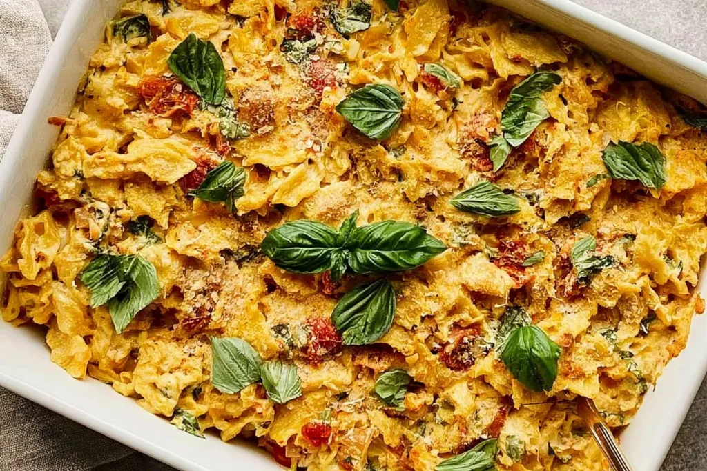 Cream Cheese Pasta Bake with Fresh Basil Garnish