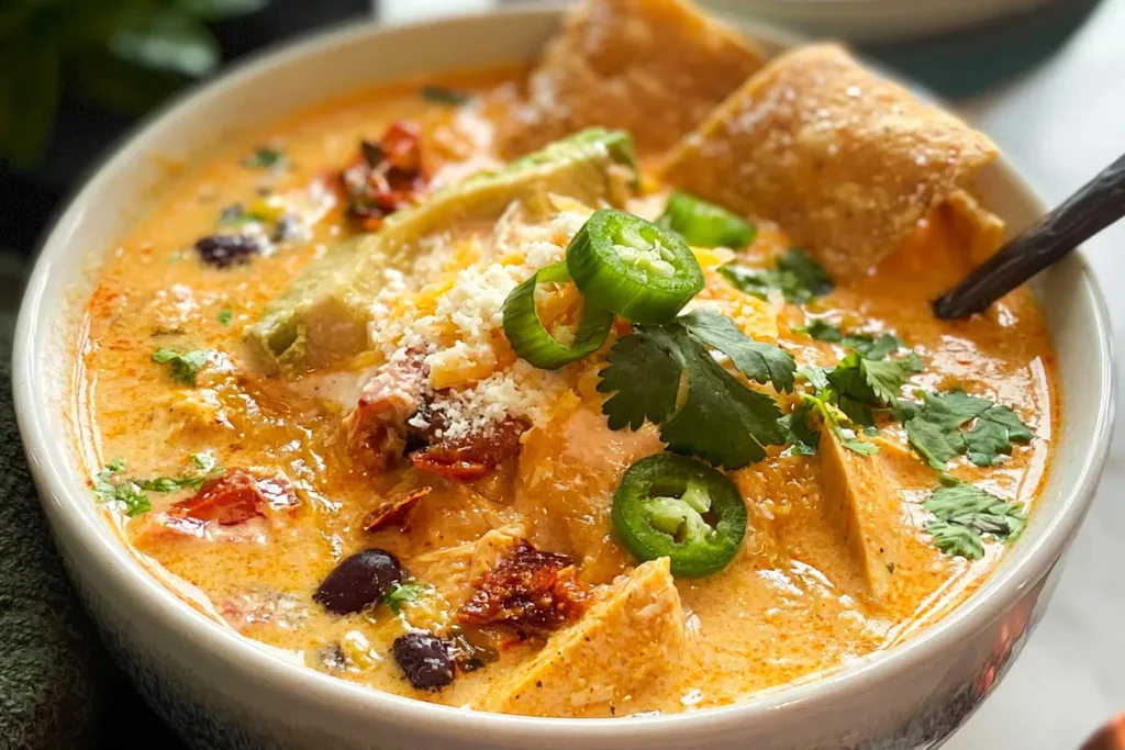 Delicious Creamy Chicken Tortilla Soup Bowl