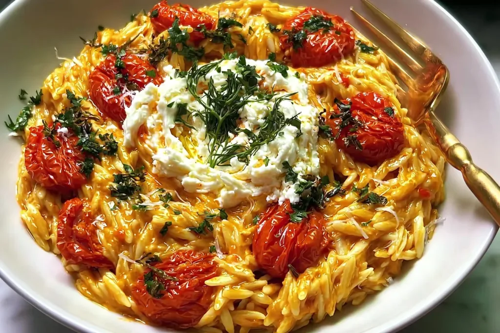 Creamy Roasted Tomato Orzo with Whipped Feta in a Bowl