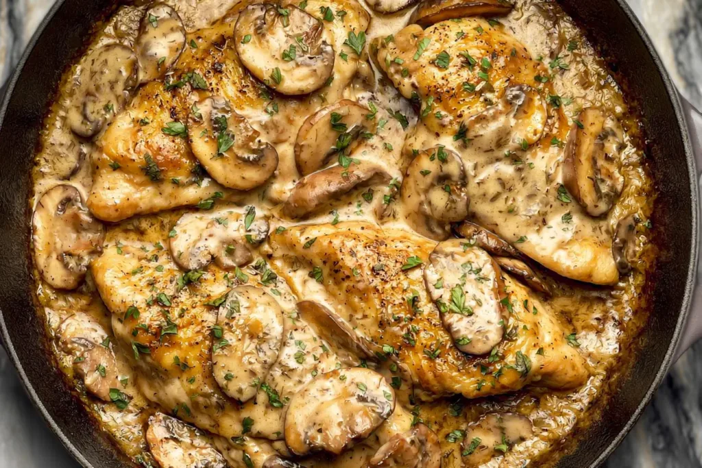 Creamy White Wine Mushroom Chicken Served in a Bowl