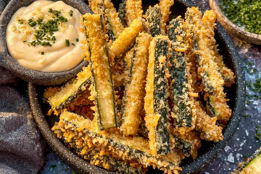 Crispy Zucchini Fries on a Plate with Garlic Aioli Dip