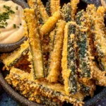 Crispy Zucchini Fries on a Plate with Garlic Aioli Dip