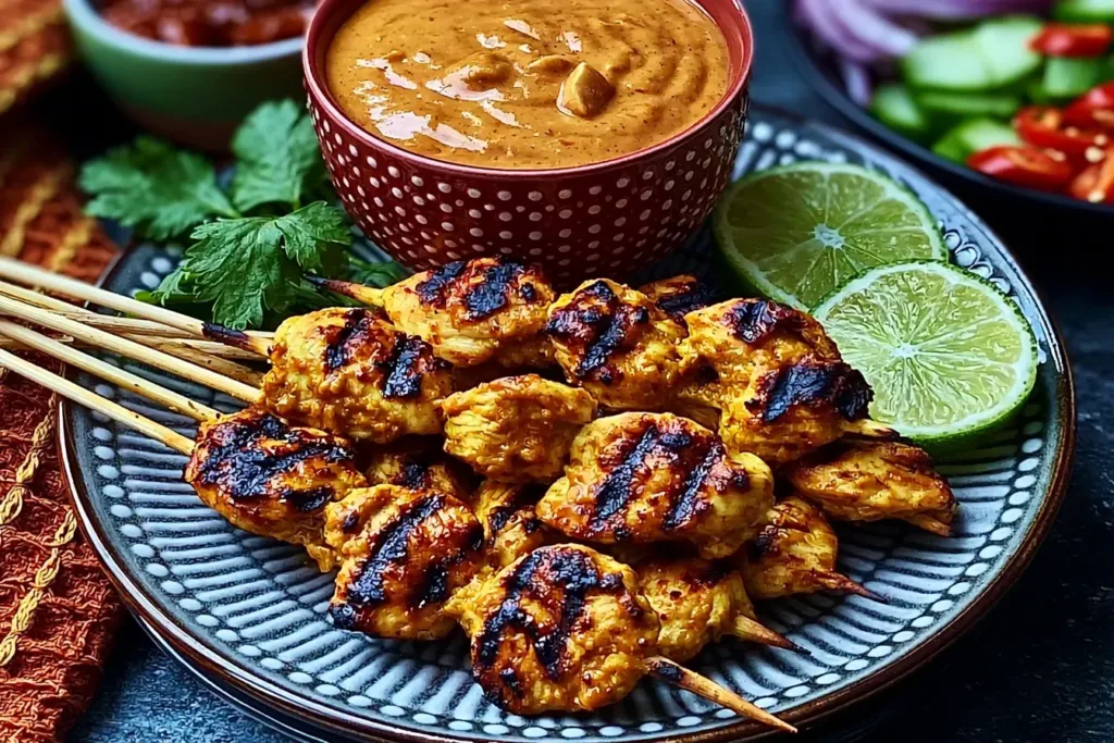 Delicious Chicken Satay with Thai Peanut Sauce on Plate