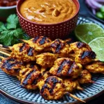 Delicious Chicken Satay with Thai Peanut Sauce on Plate