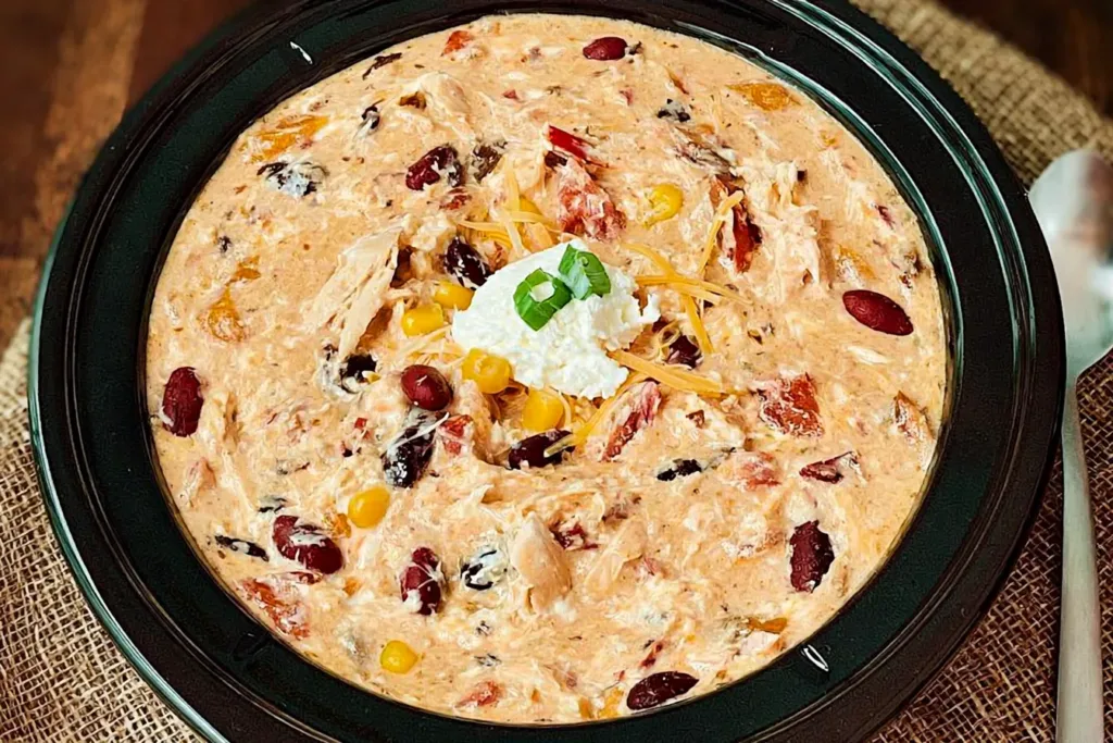 Easy Crock Pot Cream Cheese Chicken Chili in a Bowl