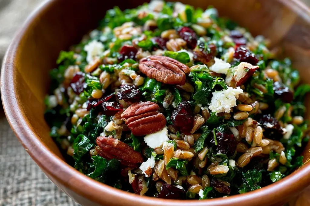 Colorful Festive Fall Farro Salad with Kale and Goat Cheese
