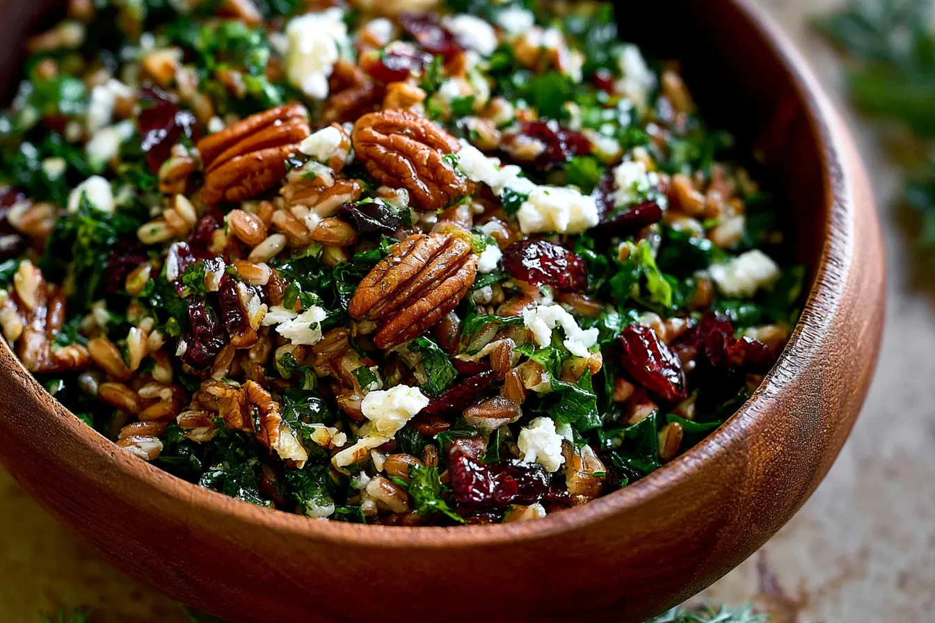 Festive Fall Farro Salad with Kale, Cranberries, Pecans & Goat Cheese