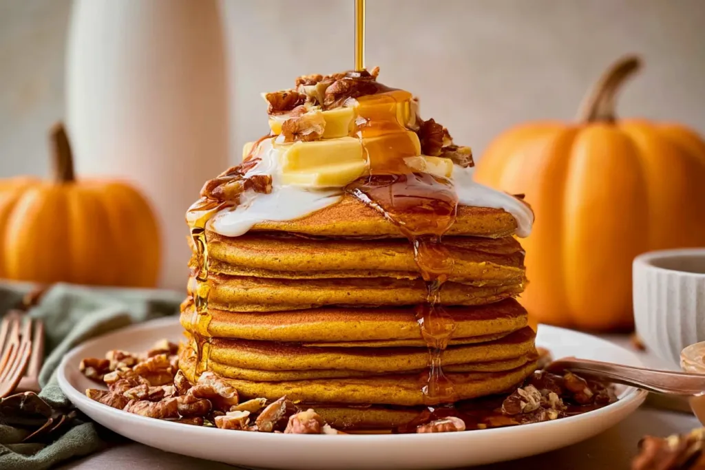 Fluffy Pumpkin Pancakes Stacked with Maple Syrup