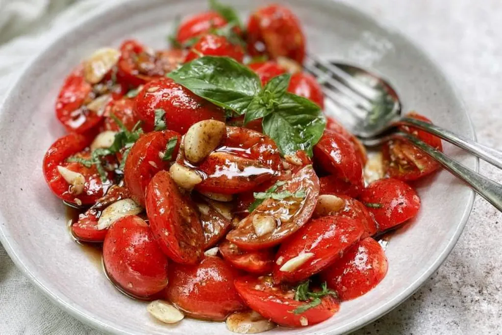 Fresh Marinated Tomatoes with Balsamic Vinaigrette on Plate