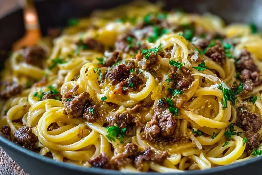 Garlic Butter Beef Pasta Dish Served with Fresh Herbs