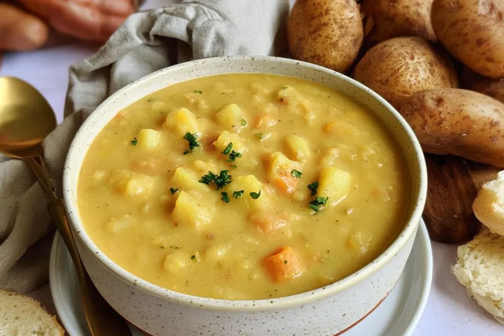 Bowl of German Potato Soup (Kartoffelsuppe) Garnished with Chives