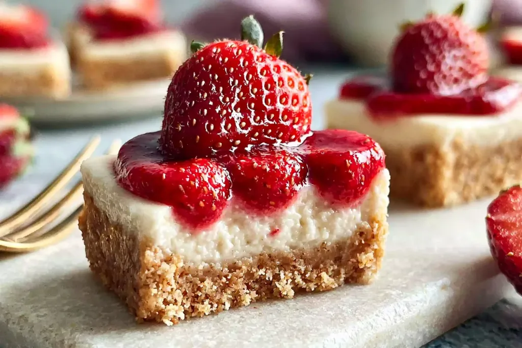 High Protein Healthy Strawberry Cheesecake Bites on a Plate