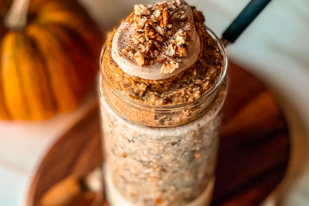 High Protein Pumpkin Overnight Oats Served in a Jar