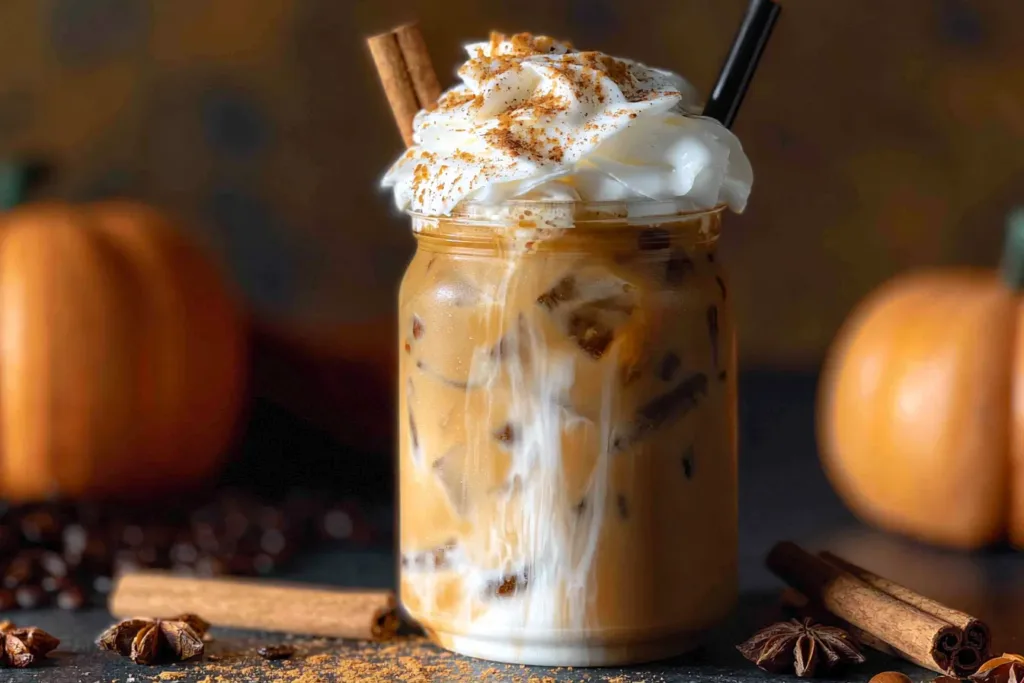 Iced Pumpkin Spiced Latte in a Glass with Whipped Cream