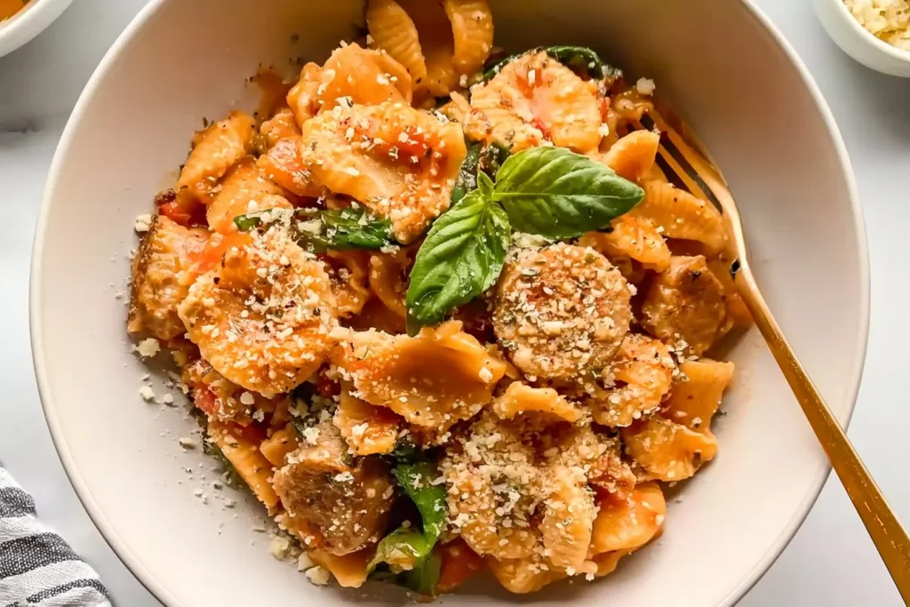 Italian Chicken Sausage Pasta Garnished with Fresh Basil