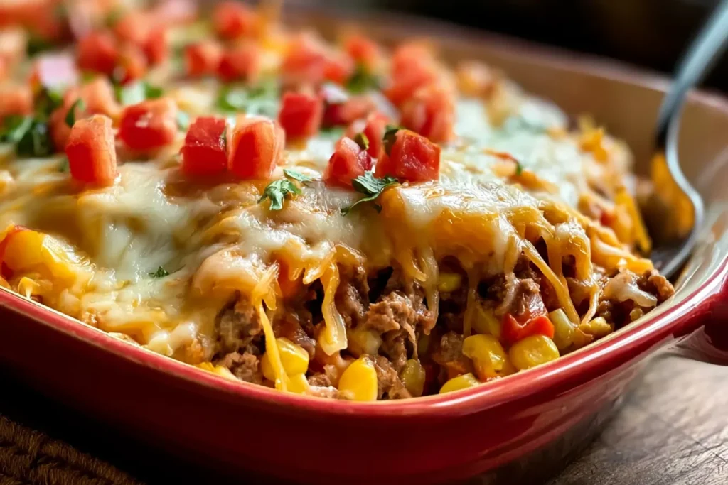 Cheesy Meaty Keto Taco Casserole in a Baking Dish