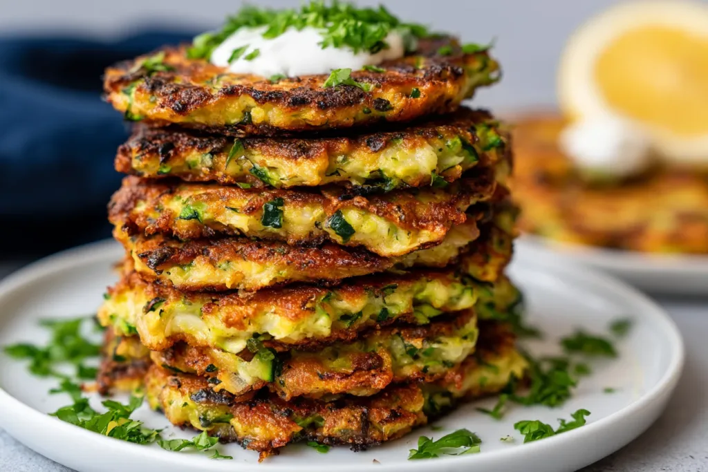 Crispy Low Carb Zucchini Fritters on a Plate