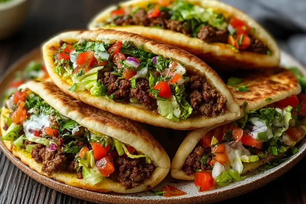 Mediterranean Ground Beef Pita Pockets Served with Fresh Veggies